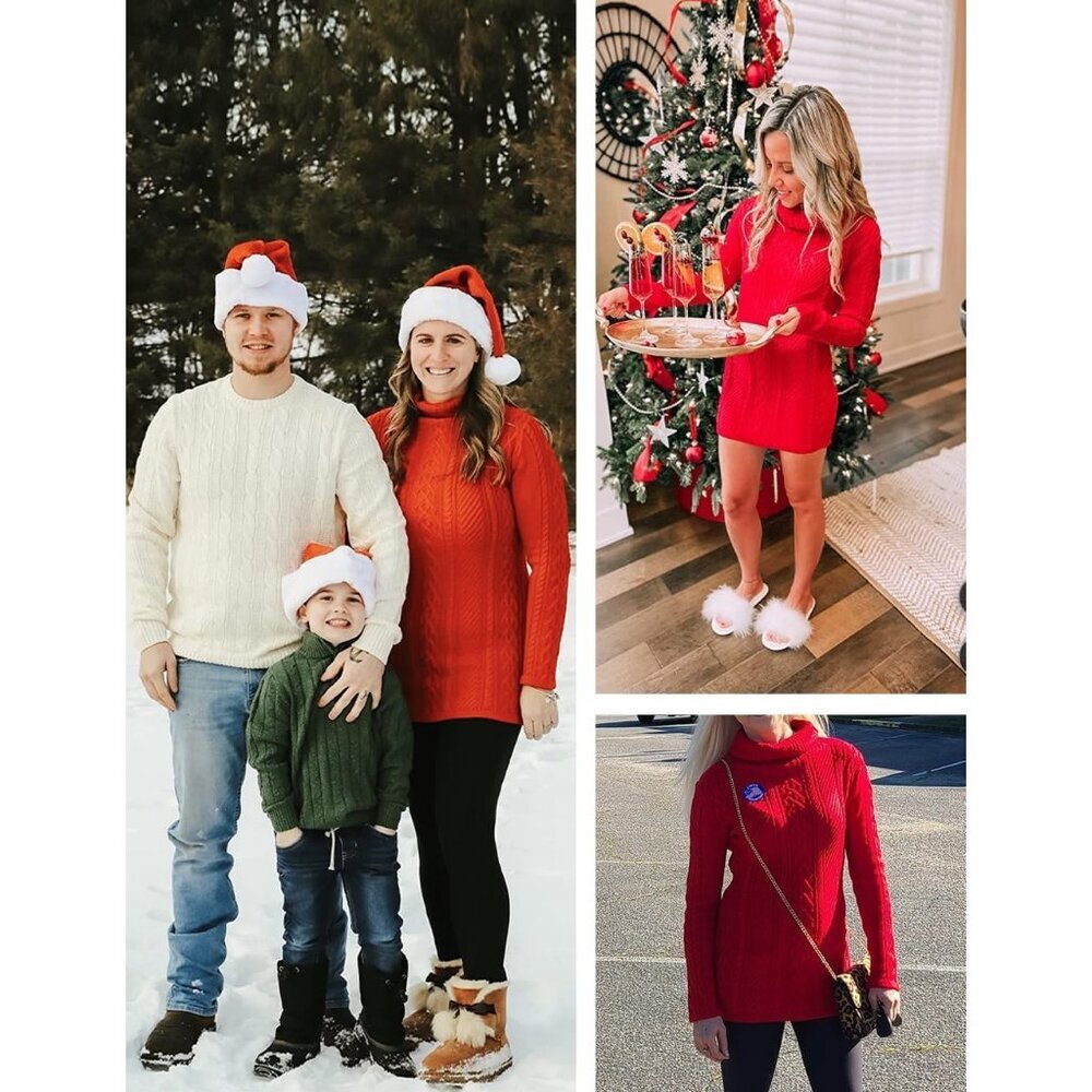 Women's Polo Neck Long Fitted Dress Bodycon Turtleneck Cable Knit Sweater Red - Picture 5 of 5